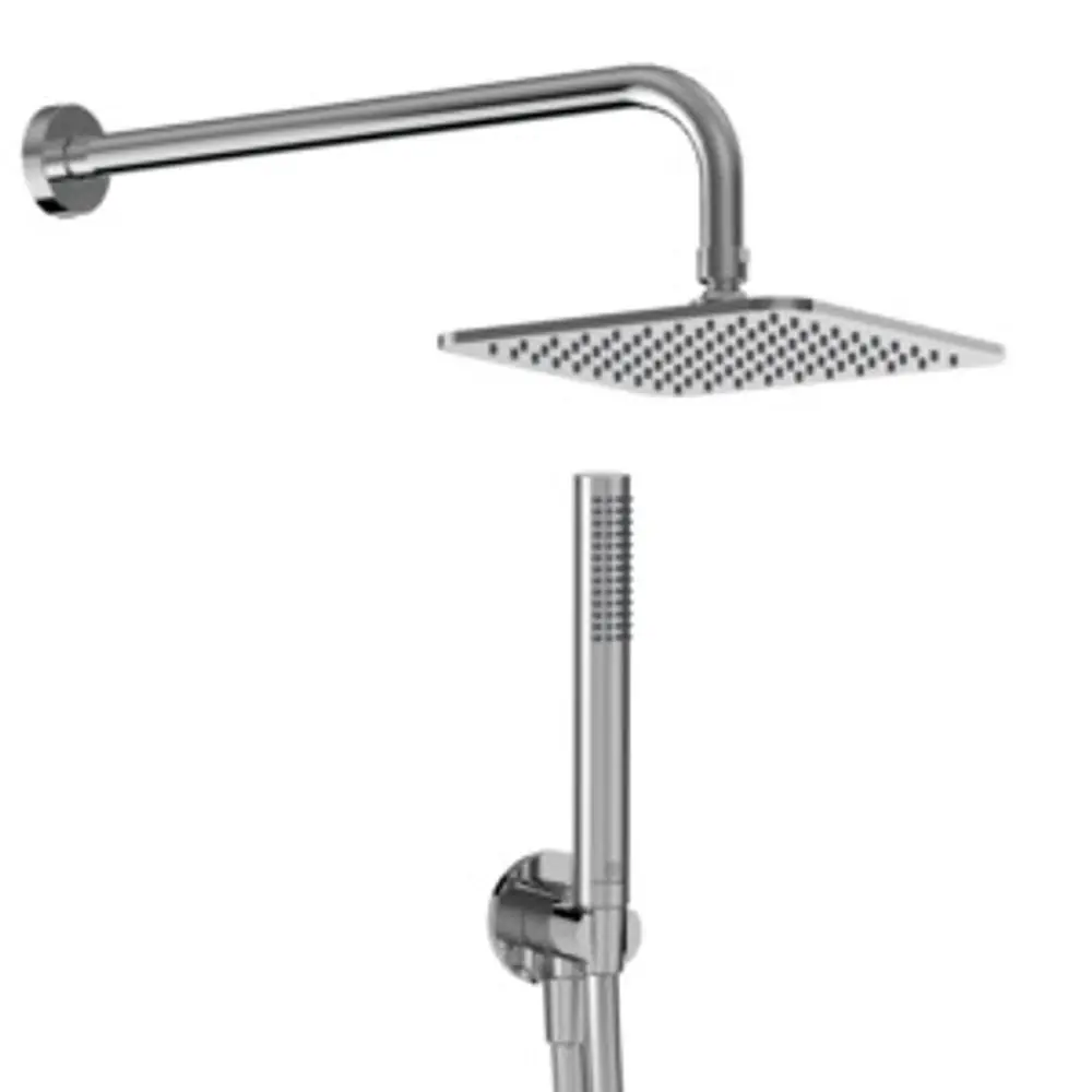 Edelstahl-Duschsystem von Ideal Standard mit einer quadratischen Kopfbrause und einer handgehaltenen Brause, beide im Chromfinish.